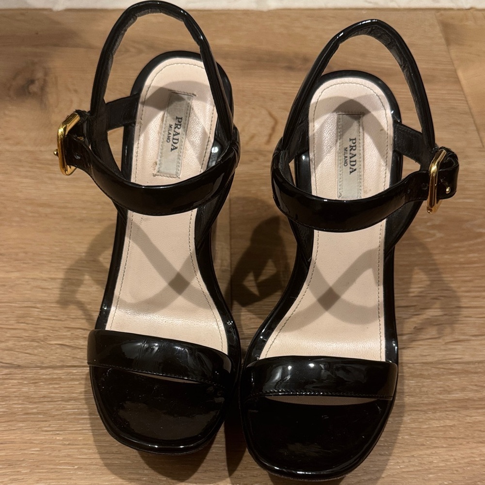 Prada Black Patent Leather Heels with Gold Buckle